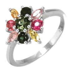 925 Sterling Silver Women Jewelry Multi Tourmaline Ring Size 6.5