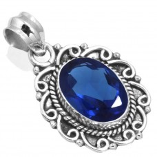 925 Sterling Silver Pendant Blue Sapphire Simulated Handmade Jewelry