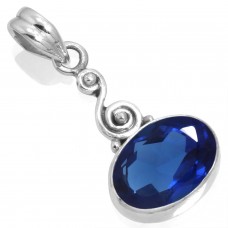925 Sterling Silver Pendant Blue Sapphire Simulated Handmade Jewelry