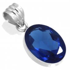 925 Sterling Silver Pendant Blue Sapphire Simulated Handmade Jewelry