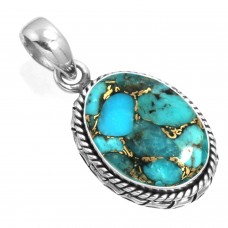 925 Sterling Silver Pendant Copper Blue Turquoise Handmade Jewelry