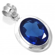 925 Sterling Silver Pendant Blue Sapphire Simulated Handmade Jewelry