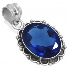 925 Sterling Silver Pendant Blue Sapphire Simulated Handmade Jewelry