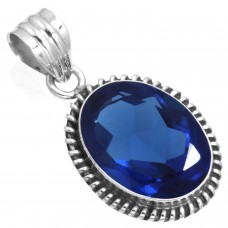 925 Sterling Silver Pendant Blue Sapphire Simulated Handmade Jewelry