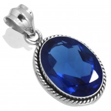 925 Sterling Silver Pendant Blue Sapphire Simulated Handmade Jewelry
