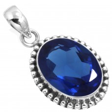 925 Sterling Silver Pendant Blue Sapphire Simulated Handmade Jewelry