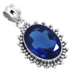 925 Sterling Silver Pendant Blue Sapphire Simulated Handmade Jewelry