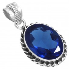 925 Sterling Silver Pendant Blue Sapphire Simulated Handmade Jewelry