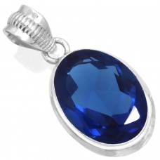 925 Sterling Silver Pendant Blue Sapphire Simulated Handmade Jewelry