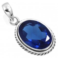 925 Sterling Silver Pendant Blue Sapphire Simulated Handmade Jewelry