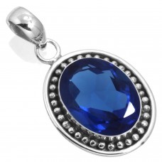 925 Sterling Silver Pendant Blue Sapphire Simulated Handmade Jewelry