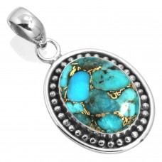 925 Sterling Silver Pendant Copper Blue Turquoise Handmade Jewelry
