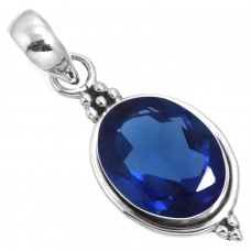 925 Sterling Silver Pendant Blue Sapphire Simulated Handmade Jewelry