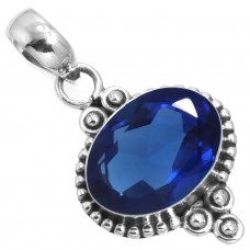 925 Sterling Silver Pendant Blue Sapphire Simulated Handmade Jewelry