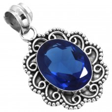 925 Sterling Silver Pendant Blue Sapphire Simulated Handmade Jewelry