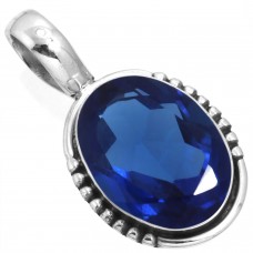 925 Sterling Silver Pendant Blue Sapphire Simulated Handmade Jewelry