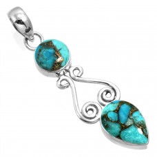 925 Sterling Silver Pendant Copper Blue Turquoise Handmade Jewelry